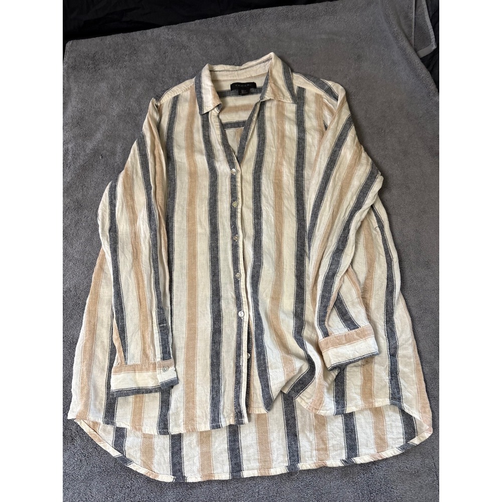 Tahari Mens Large Linen Blend Striped Button Down Shirt Long Sleeve Tan Grey L